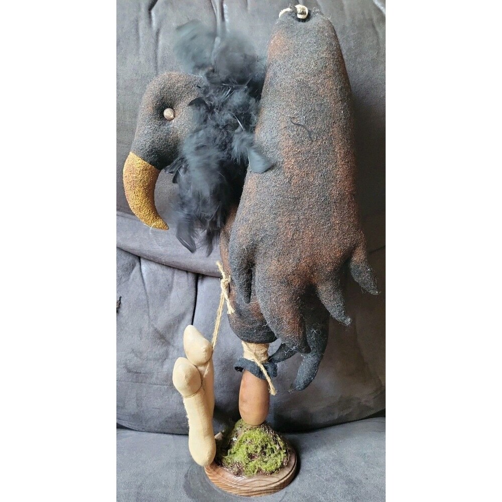Old Primitive OOAK Folk Art 23” Vulture Blackbird Cloth Doll on Pedestal w/bones